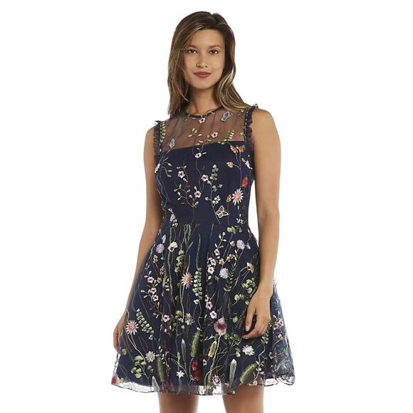 Morgan & Co. Floral Embroidered Illusion Gown - Size 9 - Picture 1 of 14